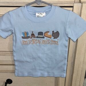 Light Blue Kids Tee with Embroidered Thanksgiving Design